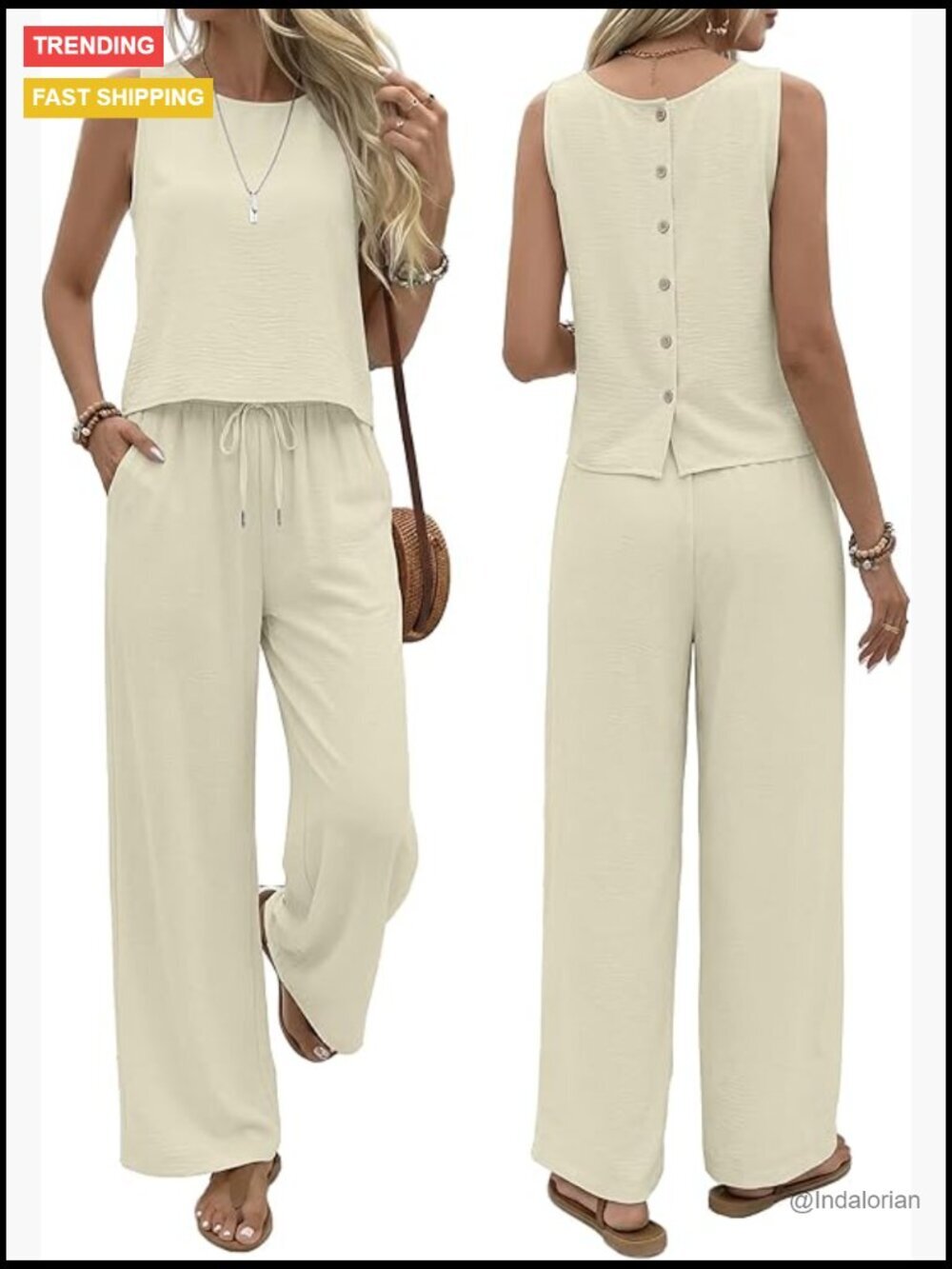 Polyester Two Piece Set Sleeveless Button Back Tank Beach Pants Lounge